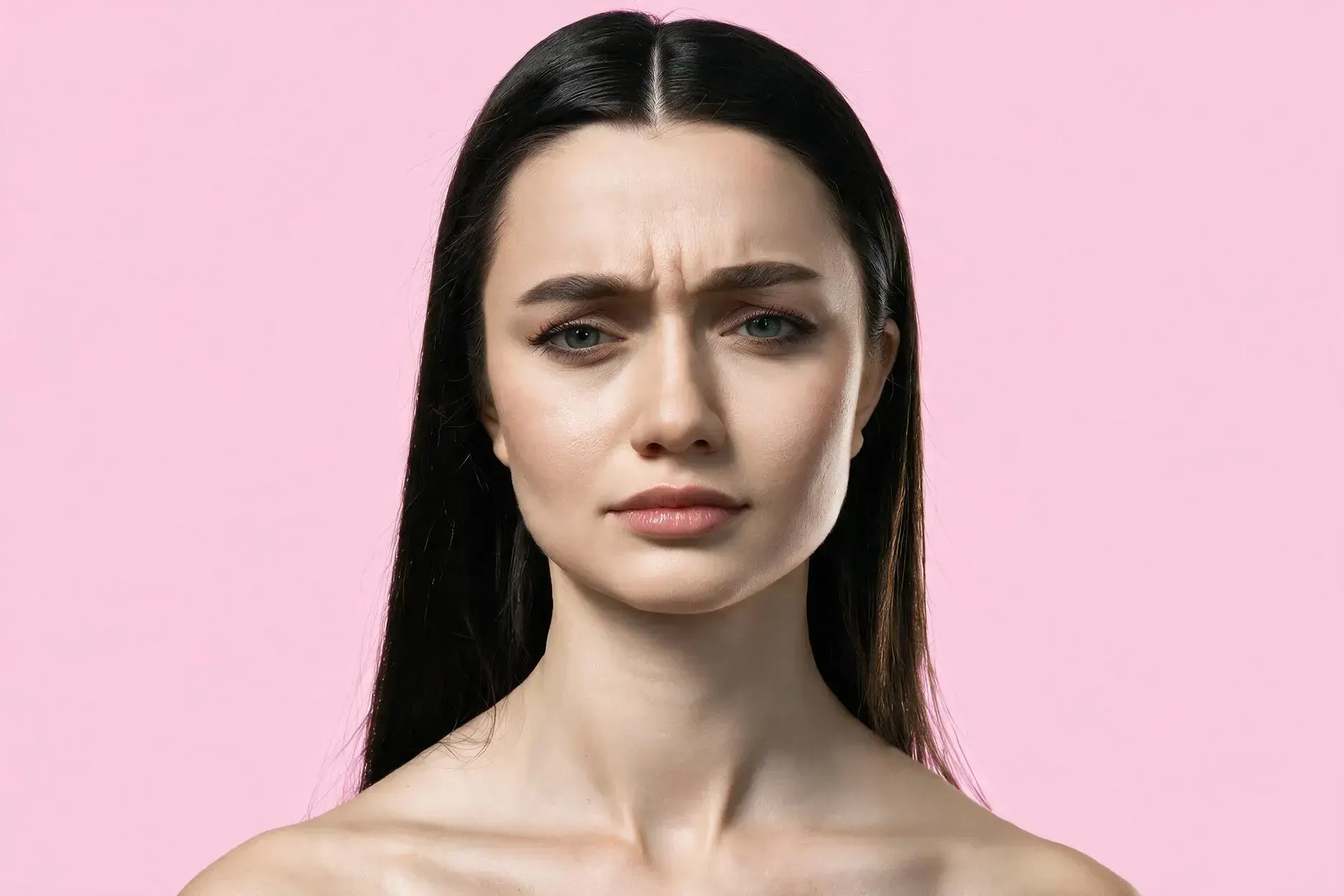 Woman noticing frown lines between her brows before treatment at Healthy Enhancements Wellington